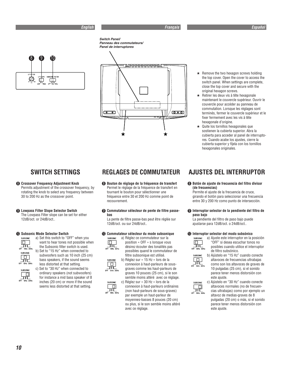 Switch settings, Reglages de commutateur, Ajustes del interruptor | Alpine V12 AccuClass-D MRD-M1005 User Manual | Page 10 / 20