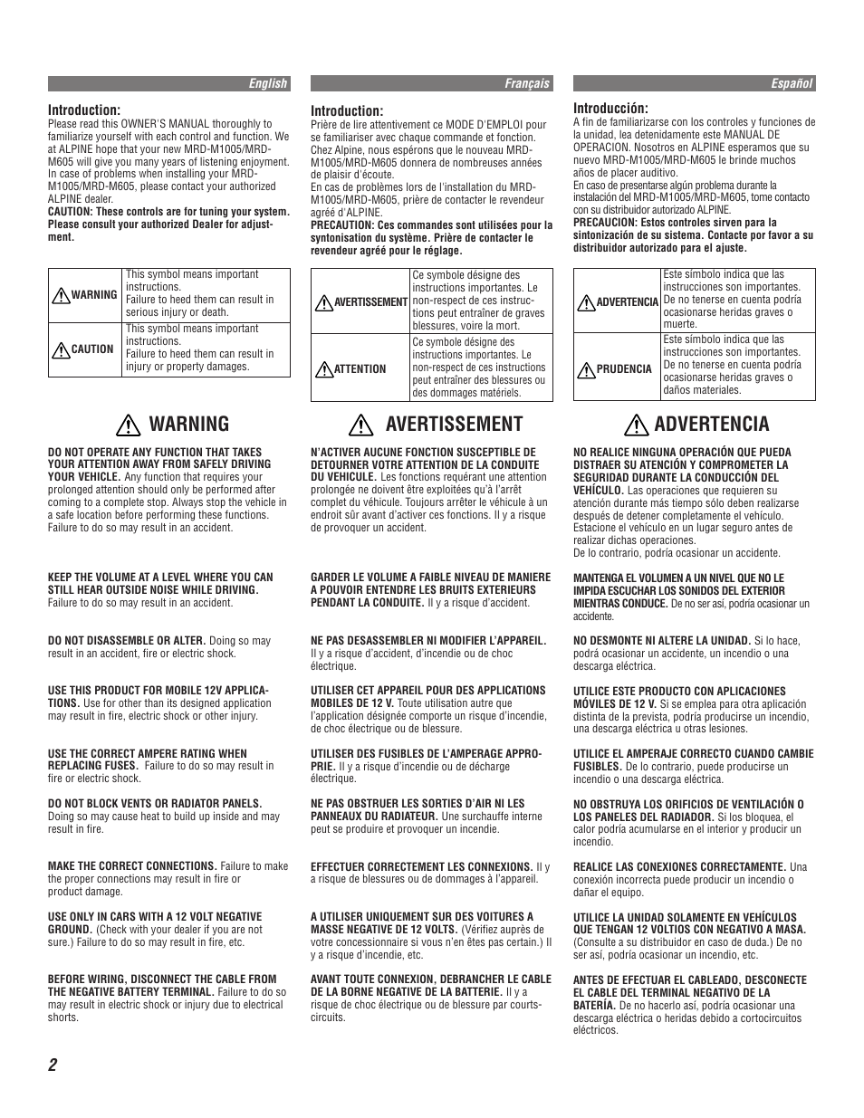 Warning, Advertencia, Avertissement | Alpine V12 AccuClass-D MRD-M1005 User Manual | Page 2 / 20