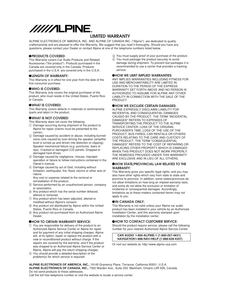 Limited warranty | Alpine V12 AccuClass-D MRD-M1005 User Manual | Page 20 / 20