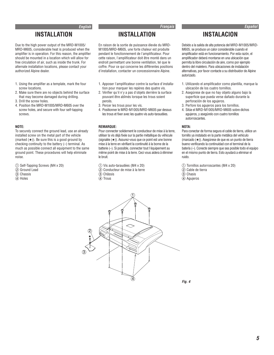 Installation, Instalacion | Alpine V12 AccuClass-D MRD-M1005 User Manual | Page 5 / 20