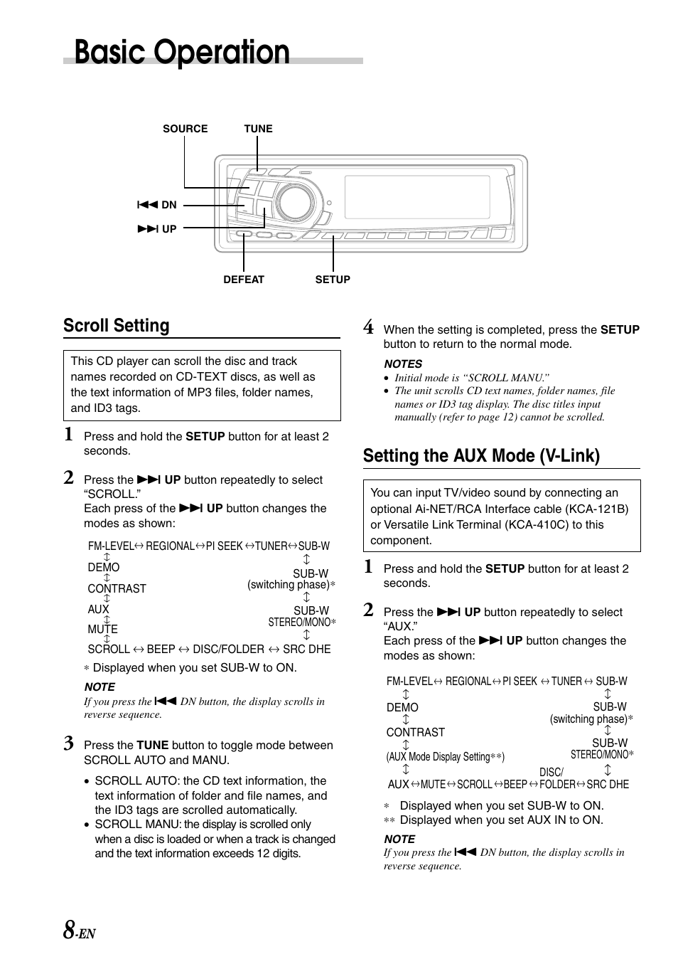 Basic operation, Scroll setting, Setting the aux mode (v-link) | Alpine CDA-7878R User Manual | Page 10 / 48