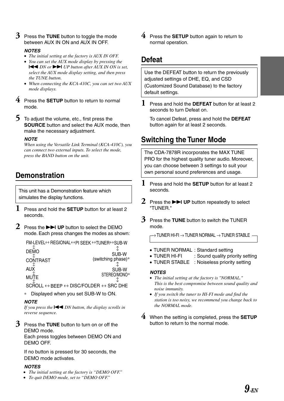 Demonstration, Defeat, Switching the tuner mode | Alpine CDA-7878R User Manual | Page 11 / 48