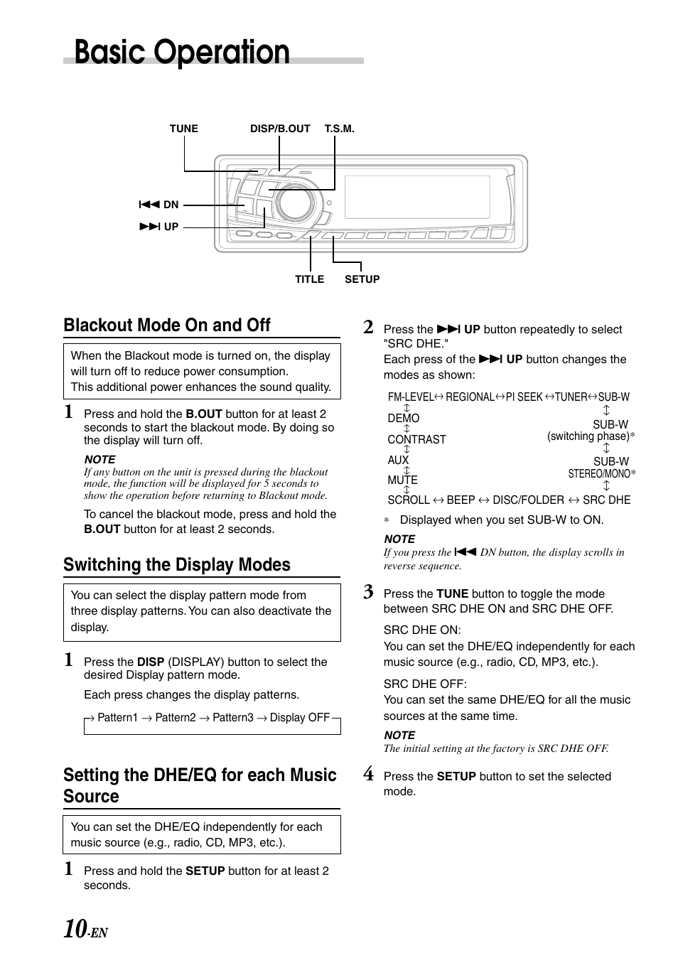 Basic operation, Blackout mode on and off, Switching the display modes | Setting the dhe/eq for each music source | Alpine CDA-7878R User Manual | Page 12 / 48