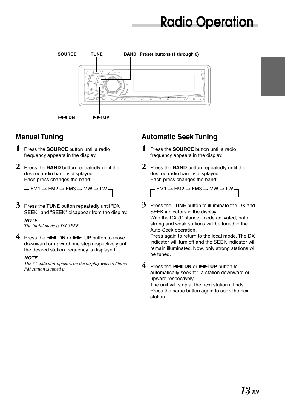 Radio operation, Manual tuning, Automatic seek tuning | Alpine CDA-7878R User Manual | Page 15 / 48