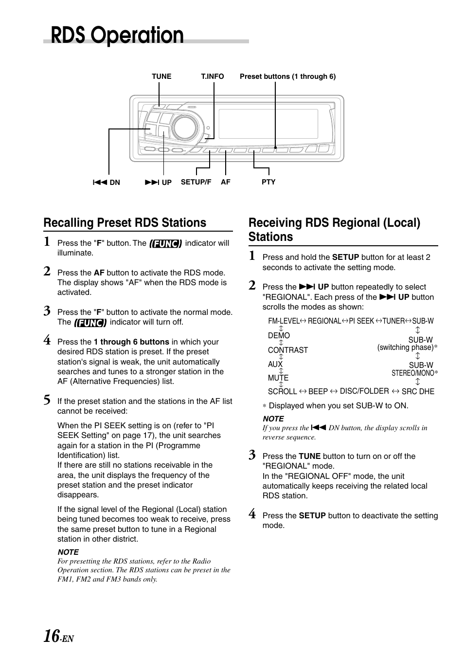 Rds operation, Recalling preset rds stations, Receiving rds regional (local) stations | Alpine CDA-7878R User Manual | Page 18 / 48