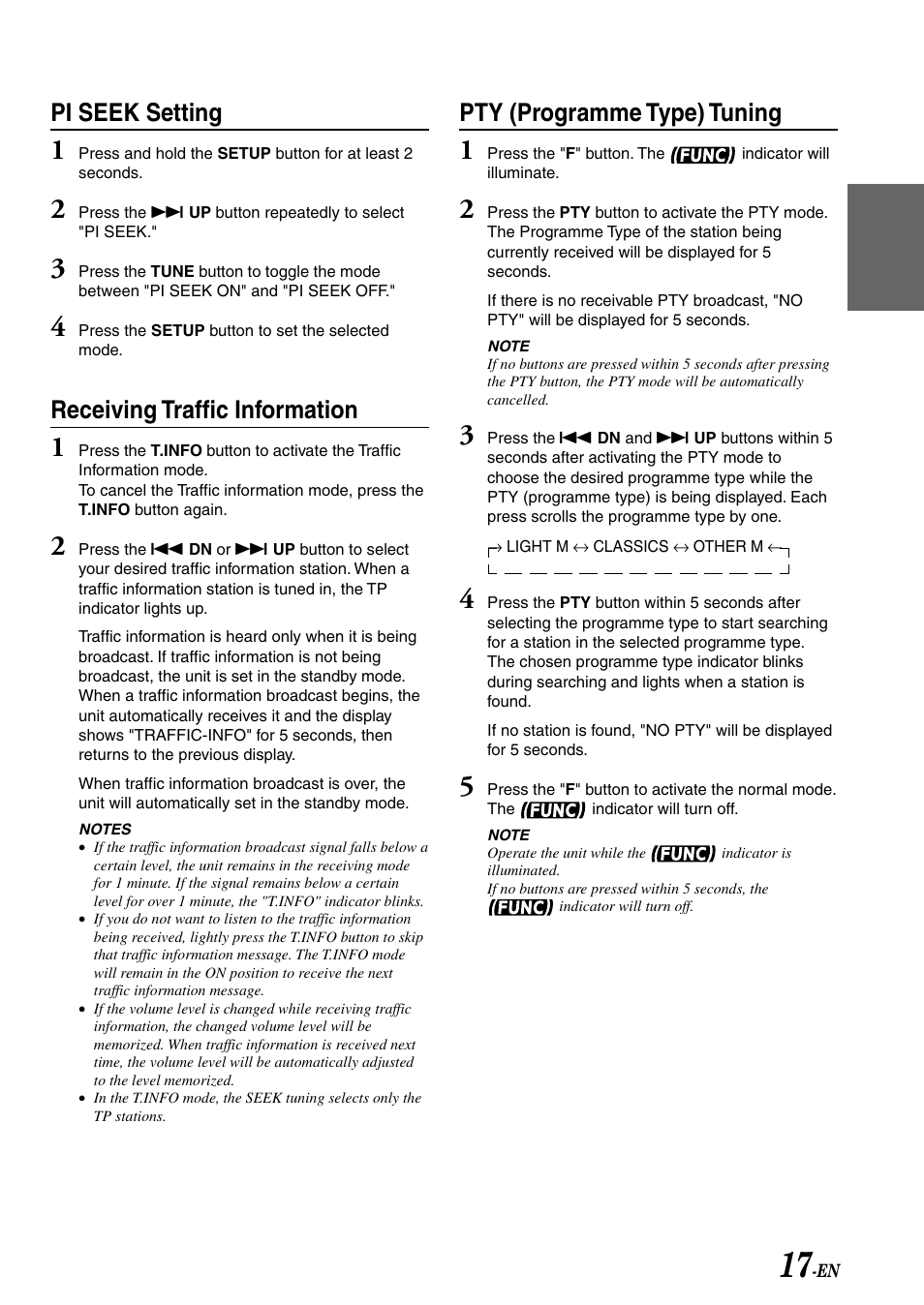 Receiving traffic information, Pty (programme type) tuning, Pi seek setting | Alpine CDA-7878R User Manual | Page 19 / 48
