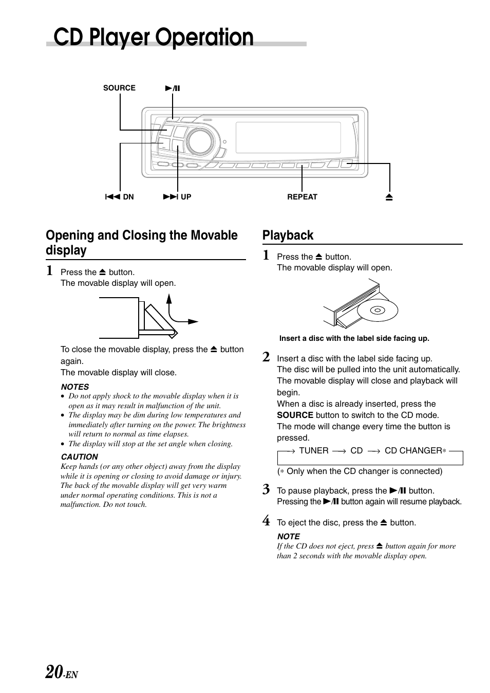 Cd player operation, Playback, Opening and closing the movable display | Alpine CDA-7878R User Manual | Page 22 / 48