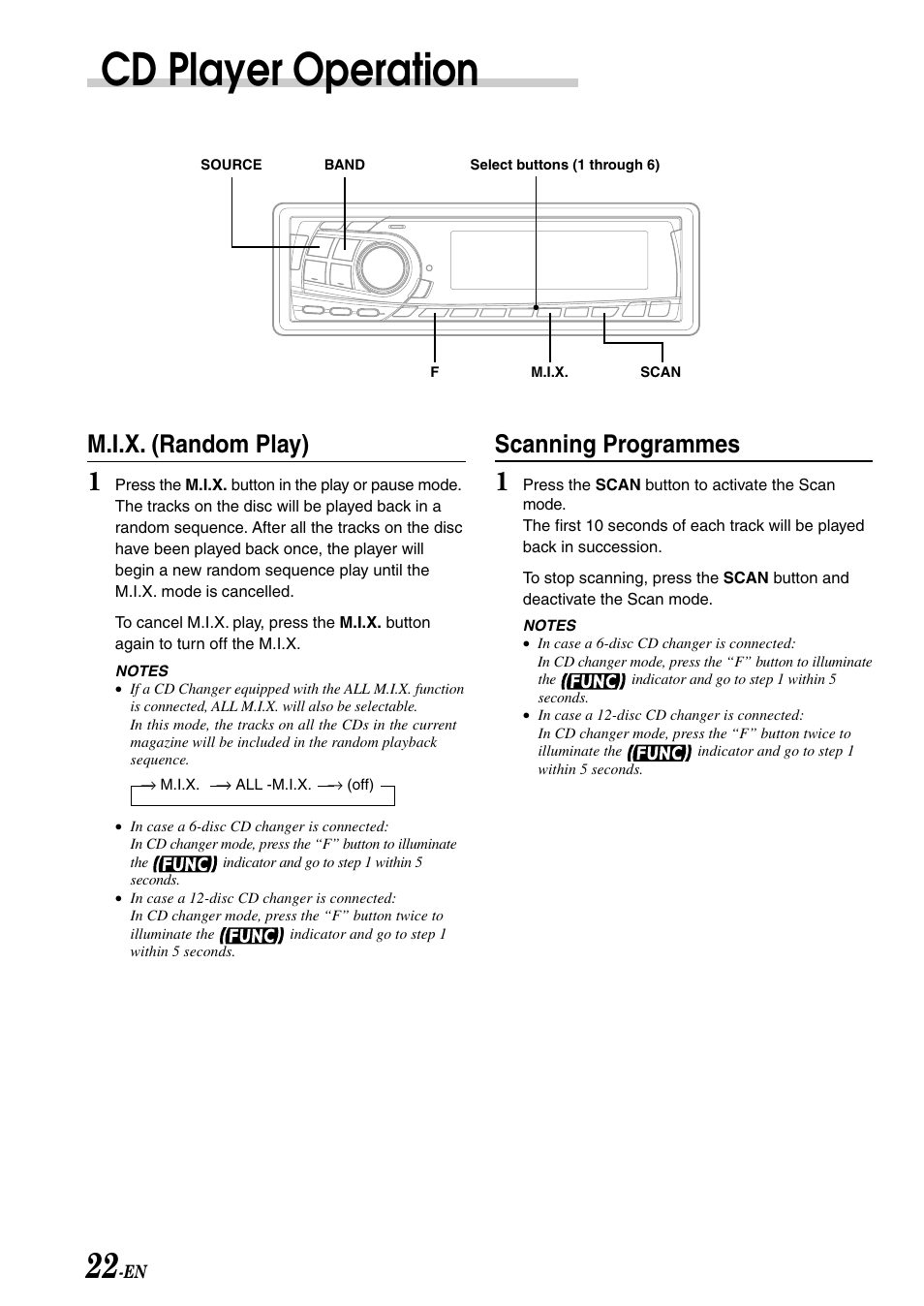 Cd player operation, M.i.x. (random play), Scanning programmes | Alpine CDA-7878R User Manual | Page 24 / 48