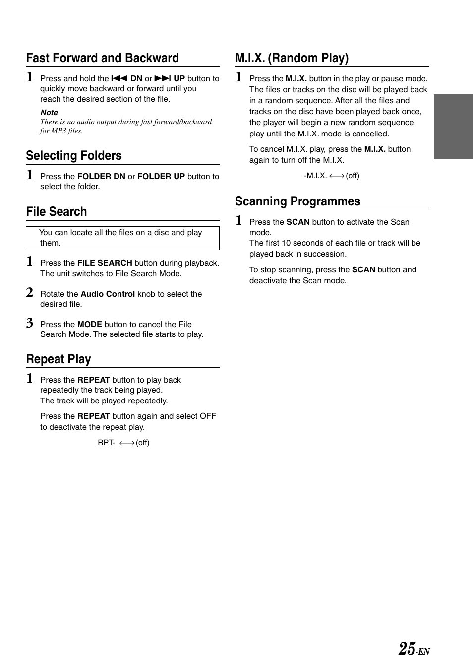 M.i.x. (random play), Scanning programmes, Fast forward and backward | Selecting folders, File search, Repeat play | Alpine CDA-7878R User Manual | Page 27 / 48