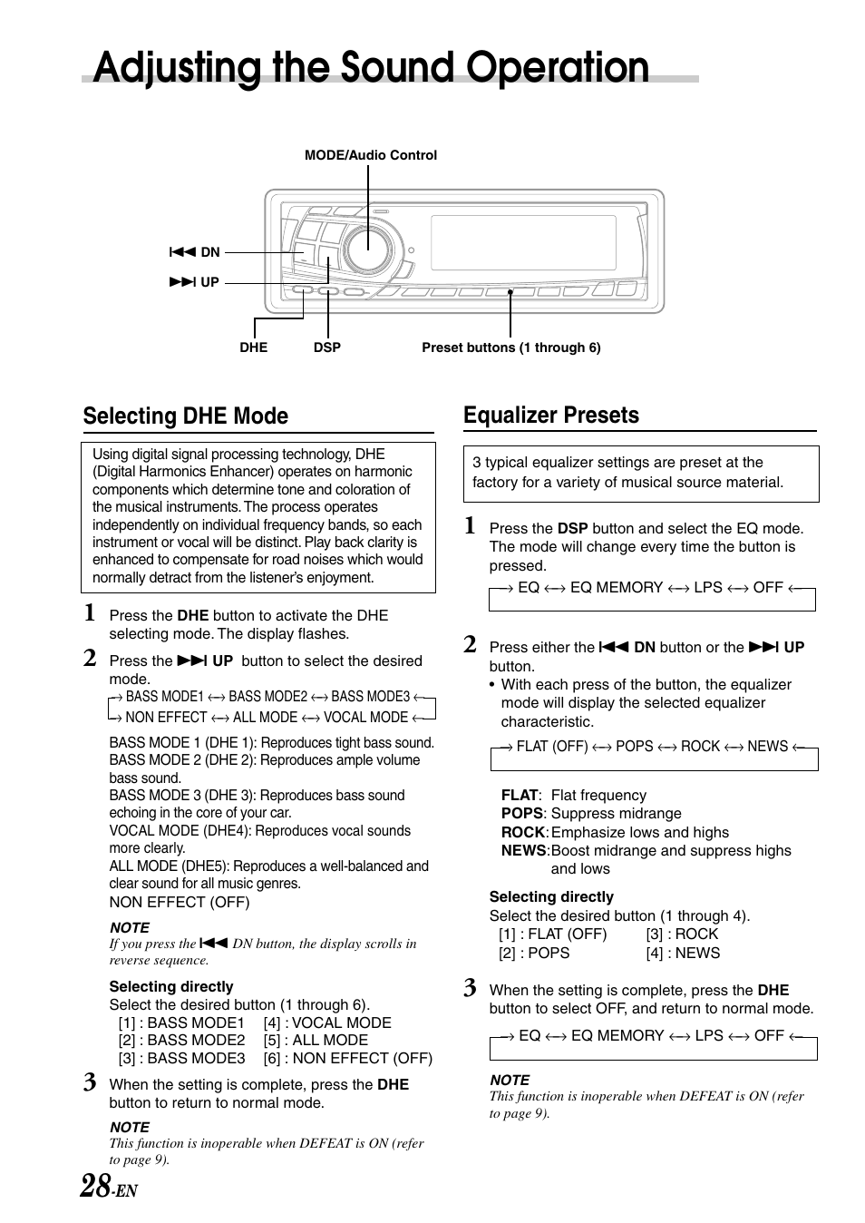 Adjusting the sound operation, Selecting dhe mode, Equalizer presets | Alpine CDA-7878R User Manual | Page 30 / 48