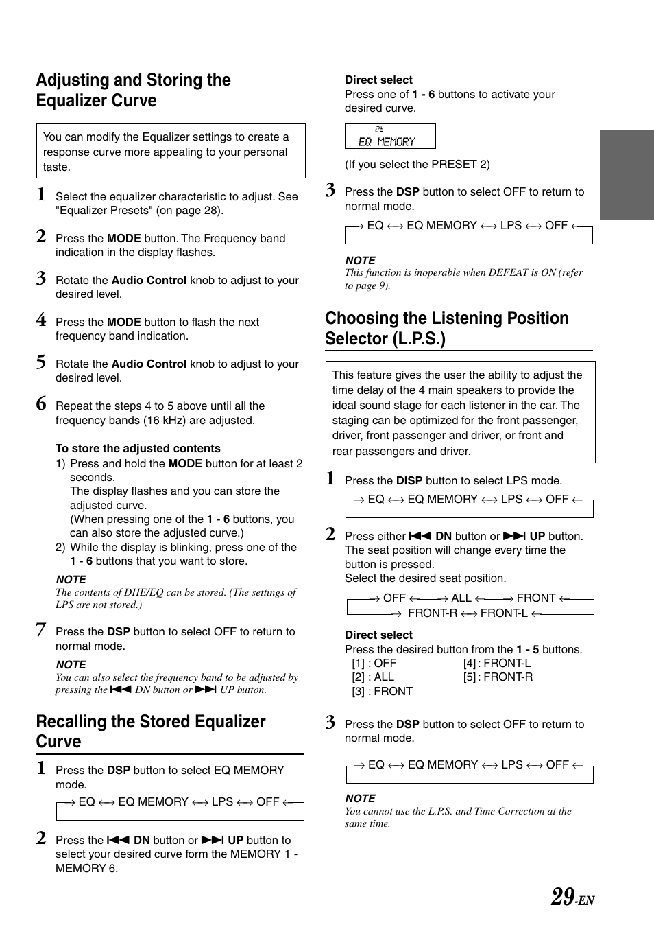 Adjusting and storing the equalizer curve, Recalling the stored equalizer curve, Choosing the listening position selector (l.p.s.) | Alpine CDA-7878R User Manual | Page 31 / 48