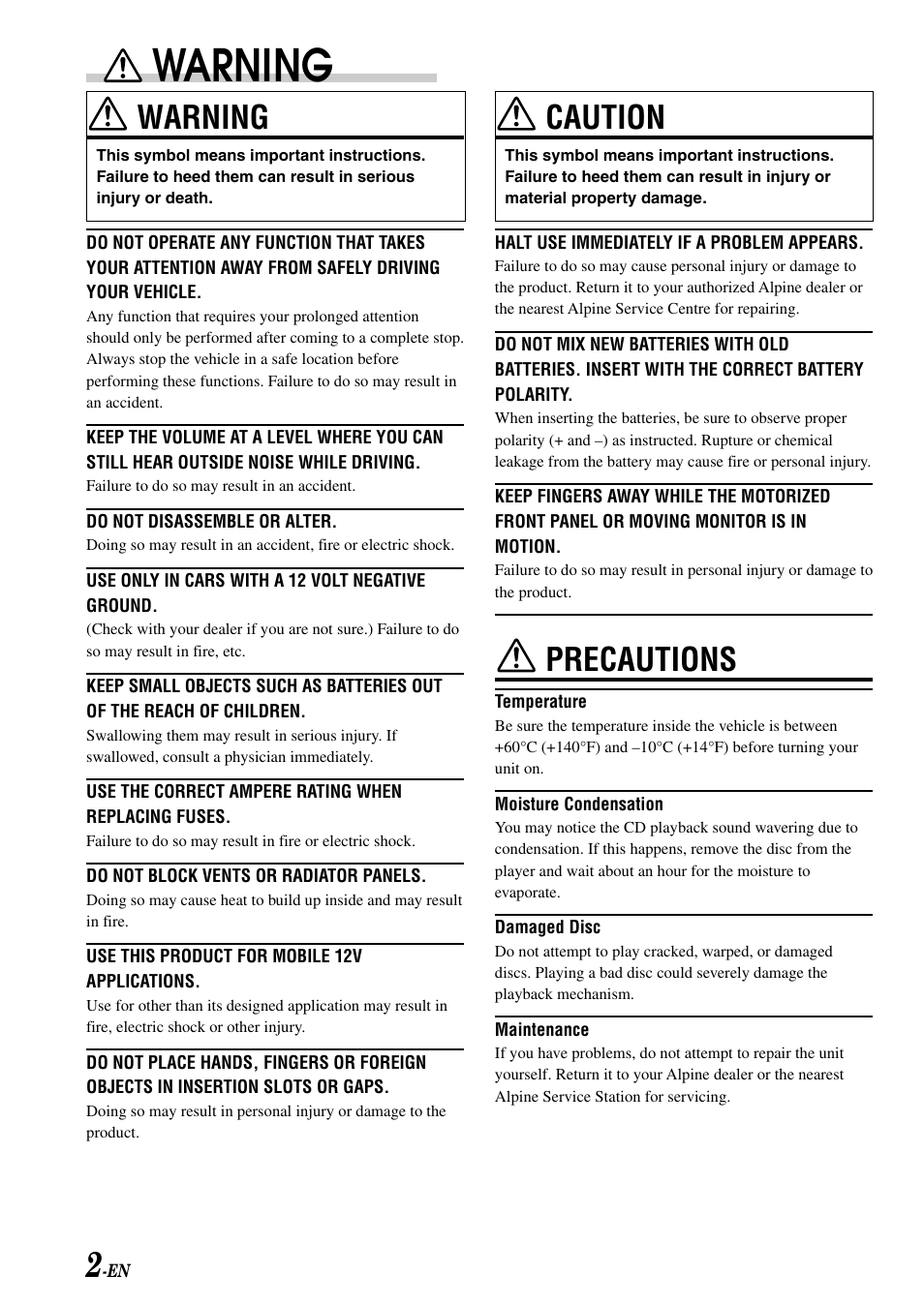Warning, Caution, Precautions | Alpine CDA-7878R User Manual | Page 4 / 48
