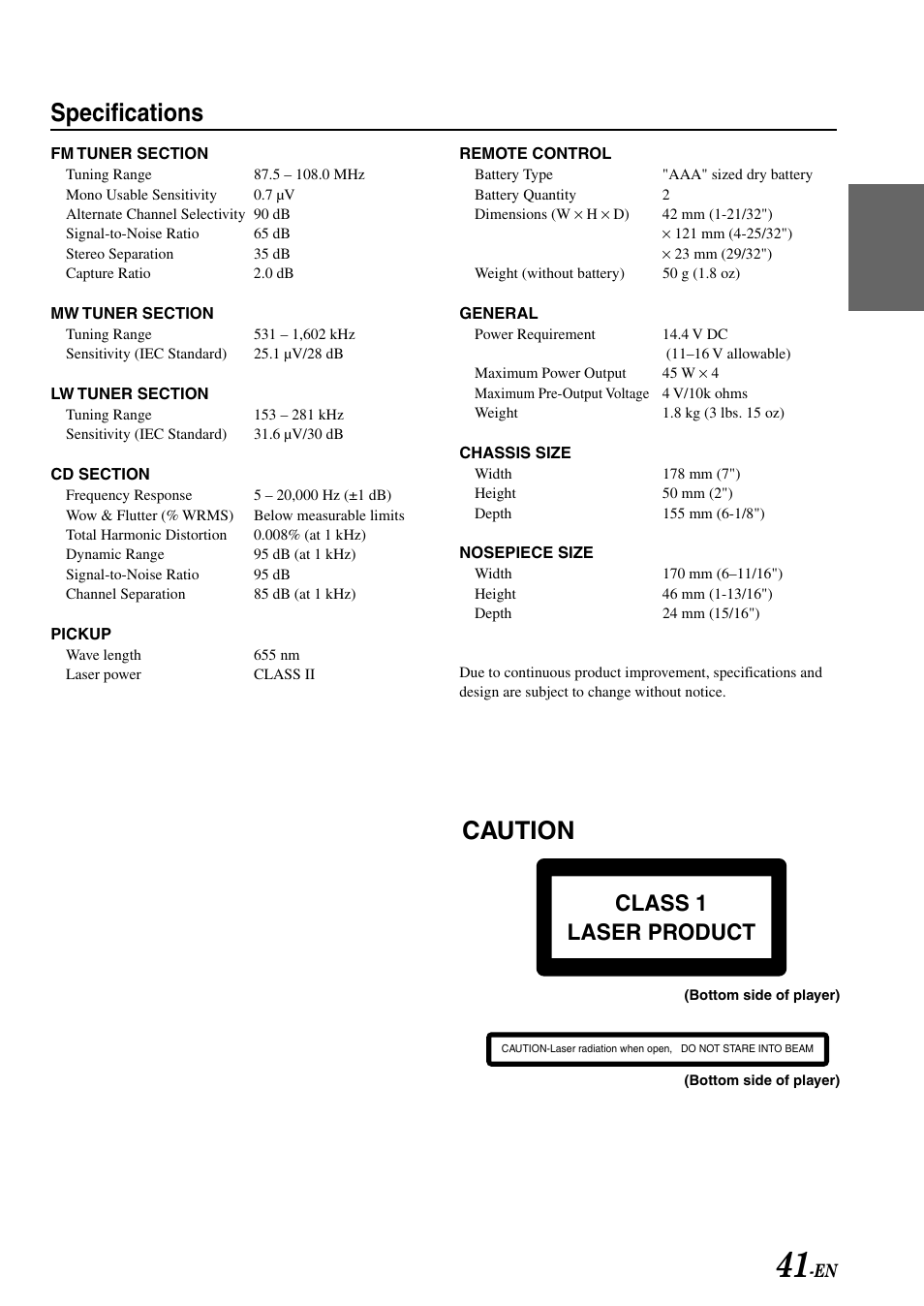 Caution, Specifications, Class 1 laser product | Alpine CDA-7878R User Manual | Page 43 / 48