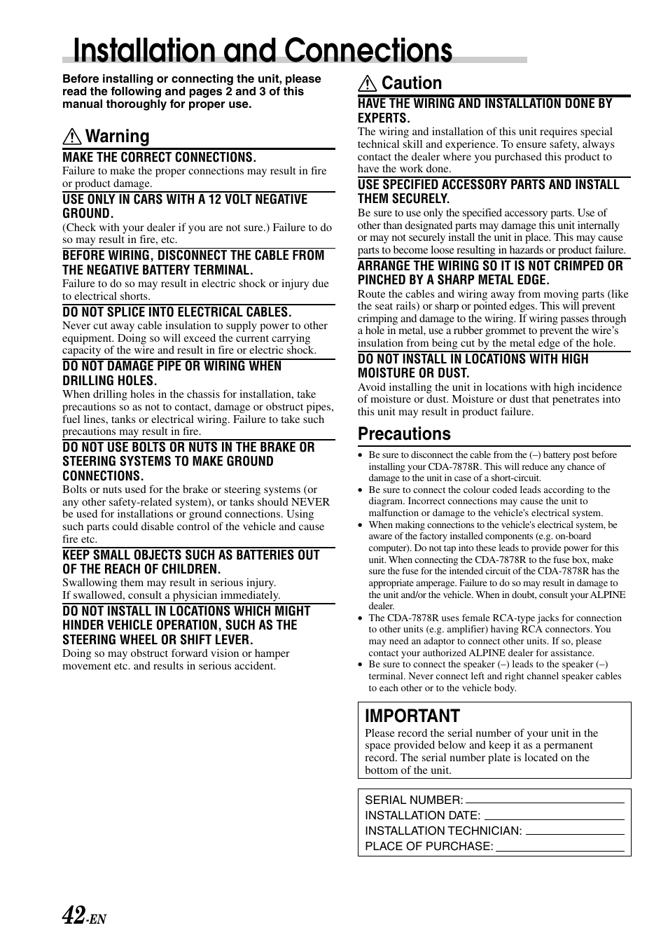 Installation and connections, Caution, Precautions | Important, Warning | Alpine CDA-7878R User Manual | Page 44 / 48