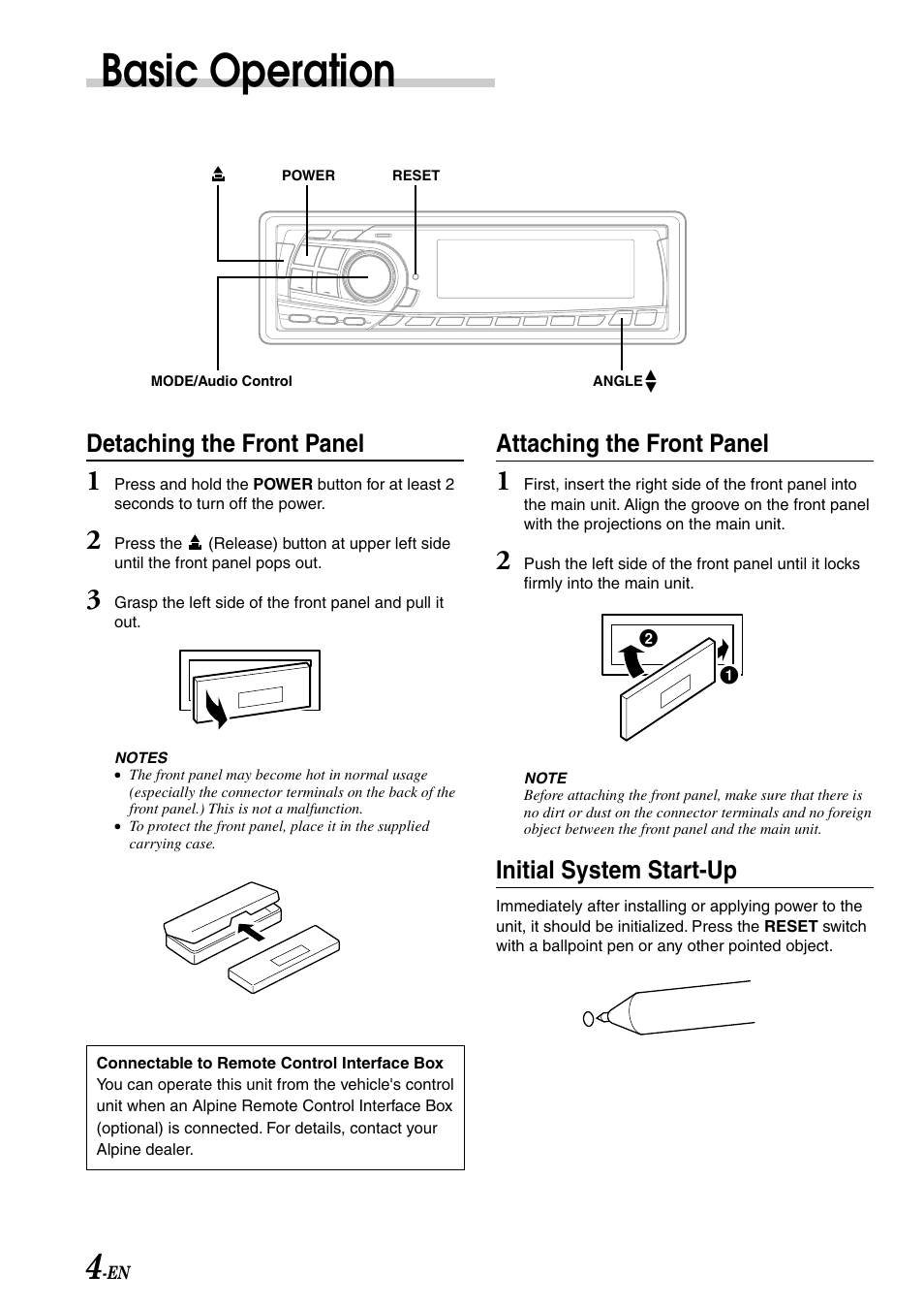 Basic operation, Detaching the front panel, Attaching the front panel | Initial system start-up | Alpine CDA-7878R User Manual | Page 6 / 48