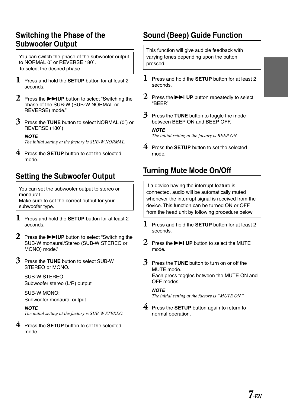 Switching the phase of the subwoofer output, Setting the subwoofer output, Sound (beep) guide function | Turning mute mode on/off | Alpine CDA-7878R User Manual | Page 9 / 48