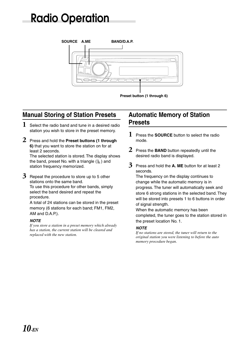 Radio operation, Manual storing of station presets | Alpine CDE-7870 User Manual | Page 12 / 26