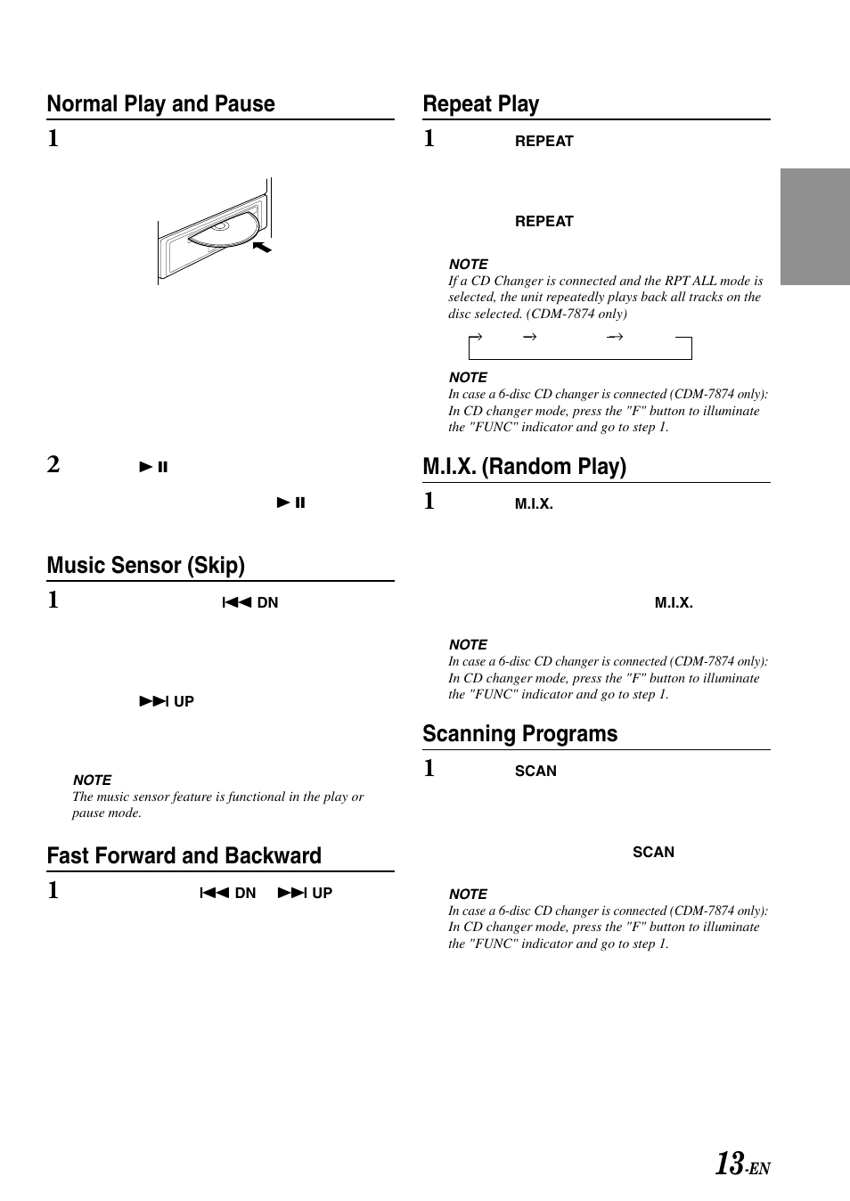 Repeat play, M.i.x. (random play), Scanning programs | Normal play and pause, Music sensor (skip), Fast forward and backward | Alpine CDE-7870 User Manual | Page 15 / 26