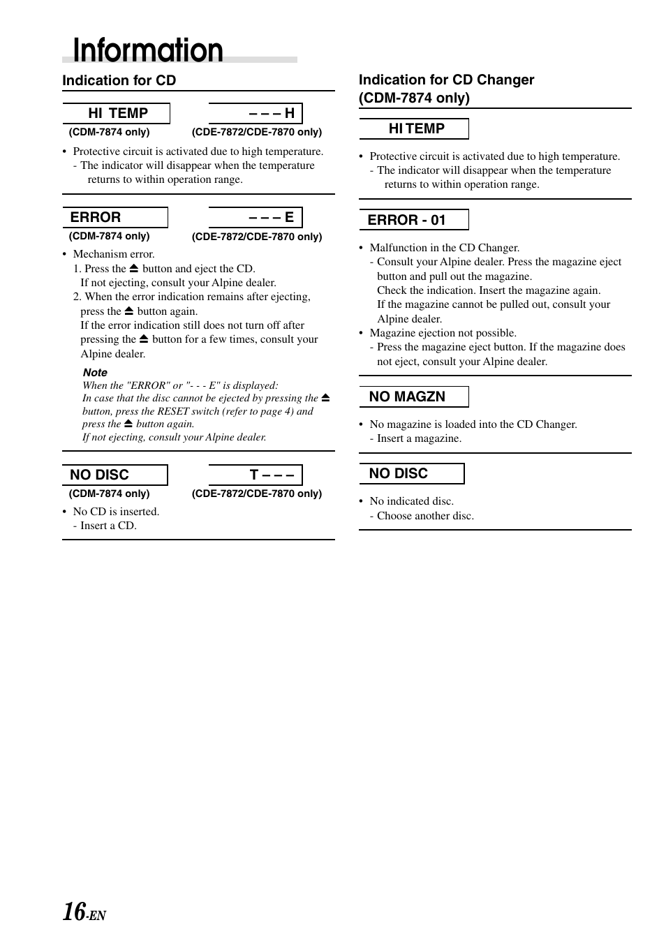 Information | Alpine CDE-7870 User Manual | Page 18 / 26