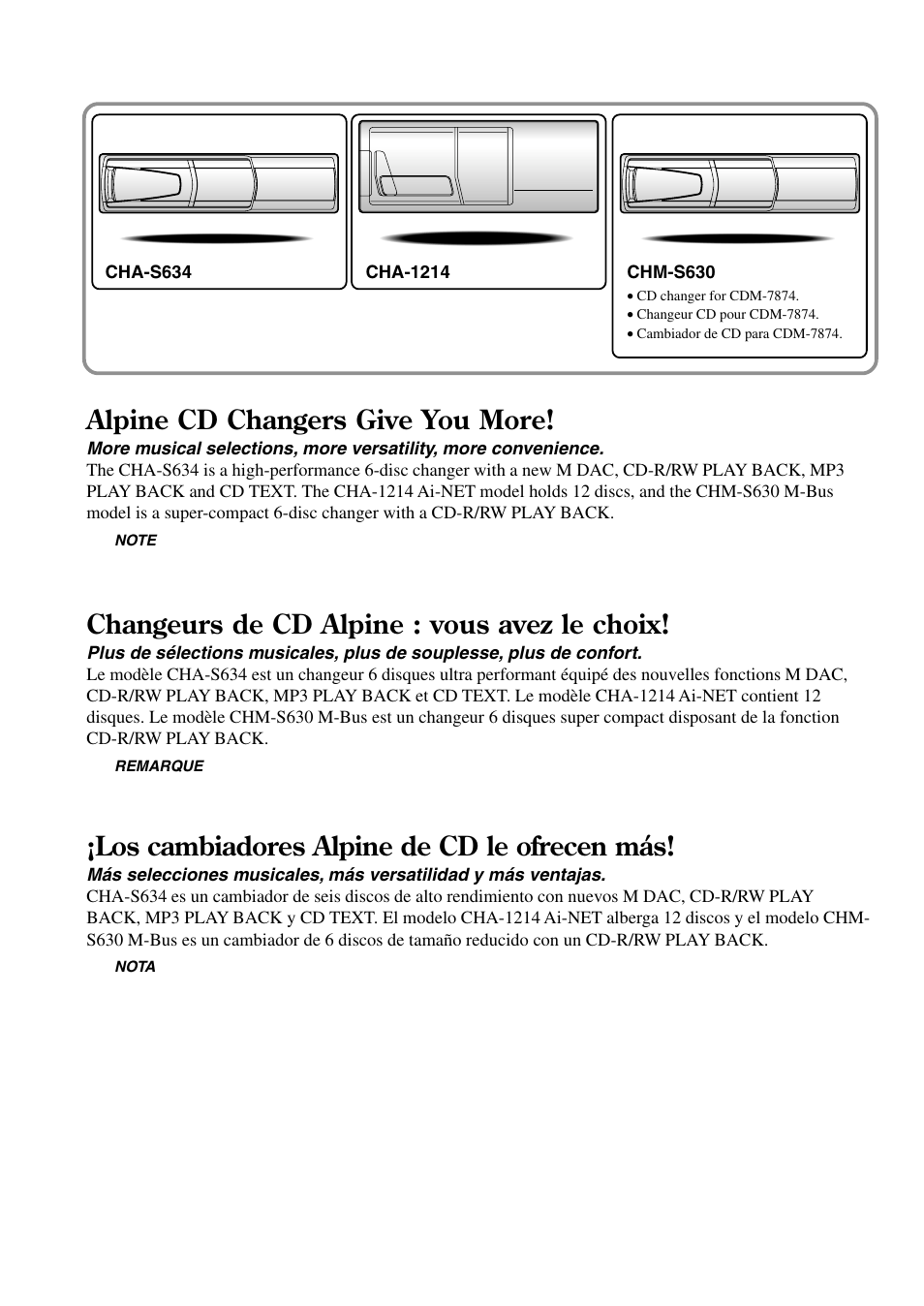 Alpine cd changers give you more, Changeurs de cd alpine : vous avez le choix, Los cambiadores alpine de cd le ofrecen más | Alpine CDE-7870 User Manual | Page 2 / 26