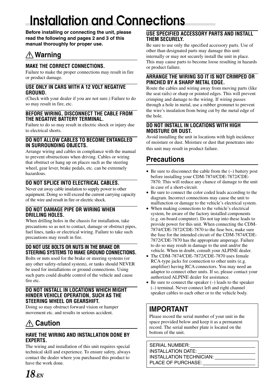 Installation and connections, Warning, Caution | Important, Precautions | Alpine CDE-7870 User Manual | Page 20 / 26