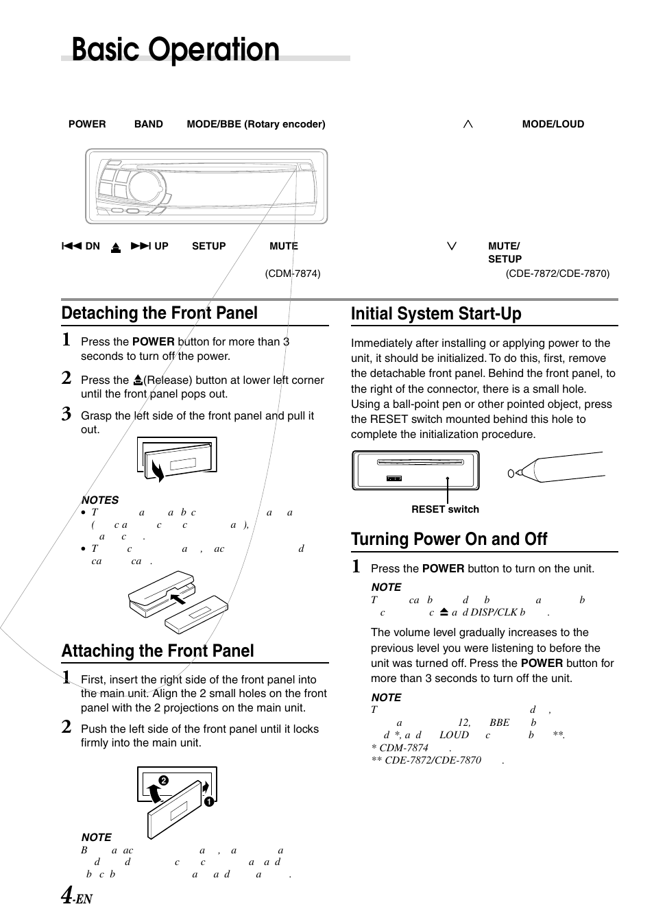 Basic operation, Detaching the front panel, Attaching the front panel | Initial system start-up, Turning power on and off | Alpine CDE-7870 User Manual | Page 6 / 26