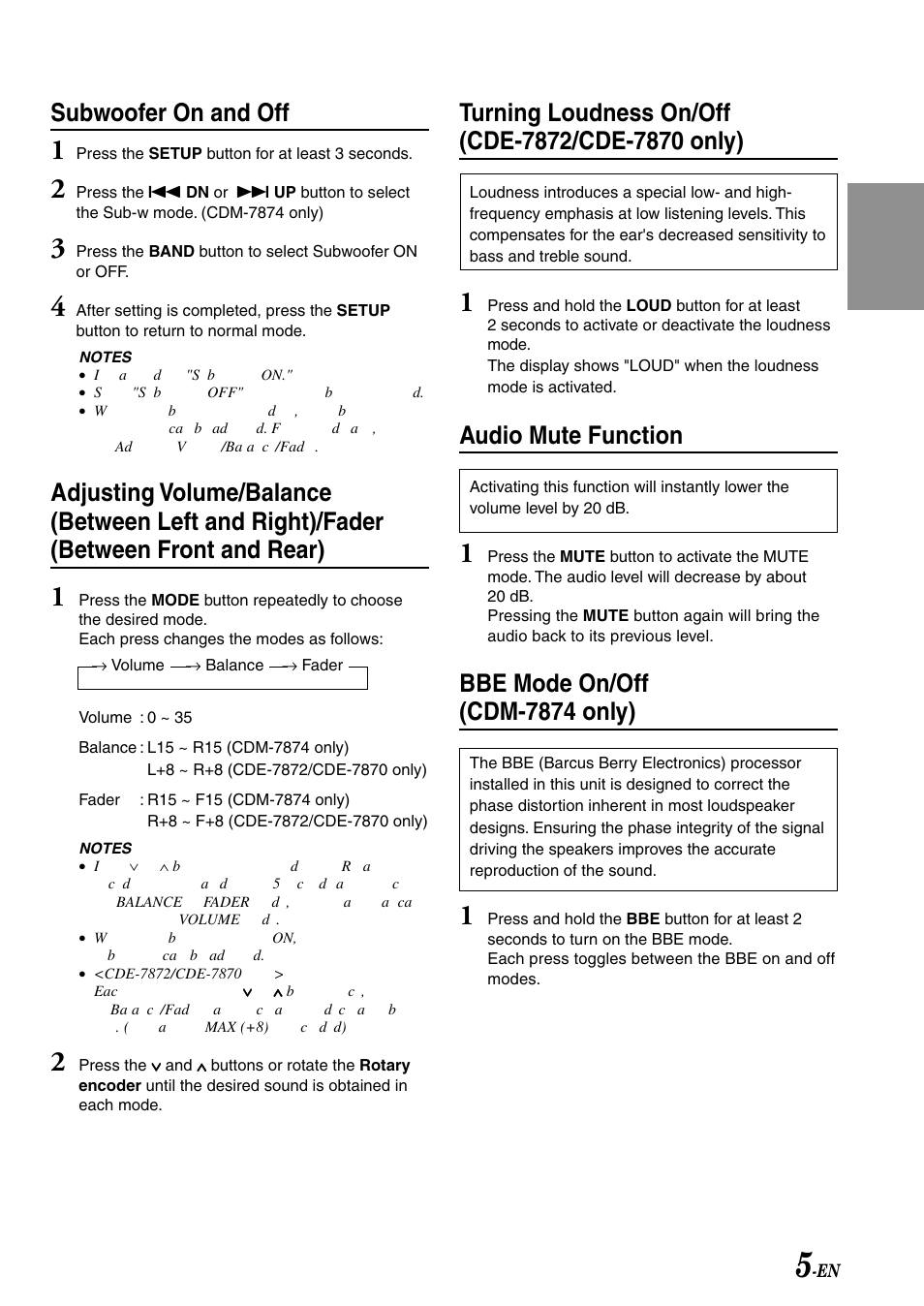 Subwoofer on and off, Audio mute function, Bbe mode on/off (cdm-7874 only) | Alpine CDE-7870 User Manual | Page 7 / 26