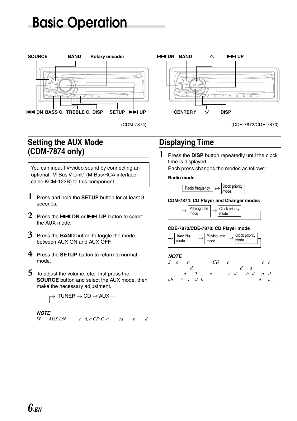 Basic operation, Displaying time, Setting the aux mode (cdm-7874 only) | Alpine CDE-7870 User Manual | Page 8 / 26