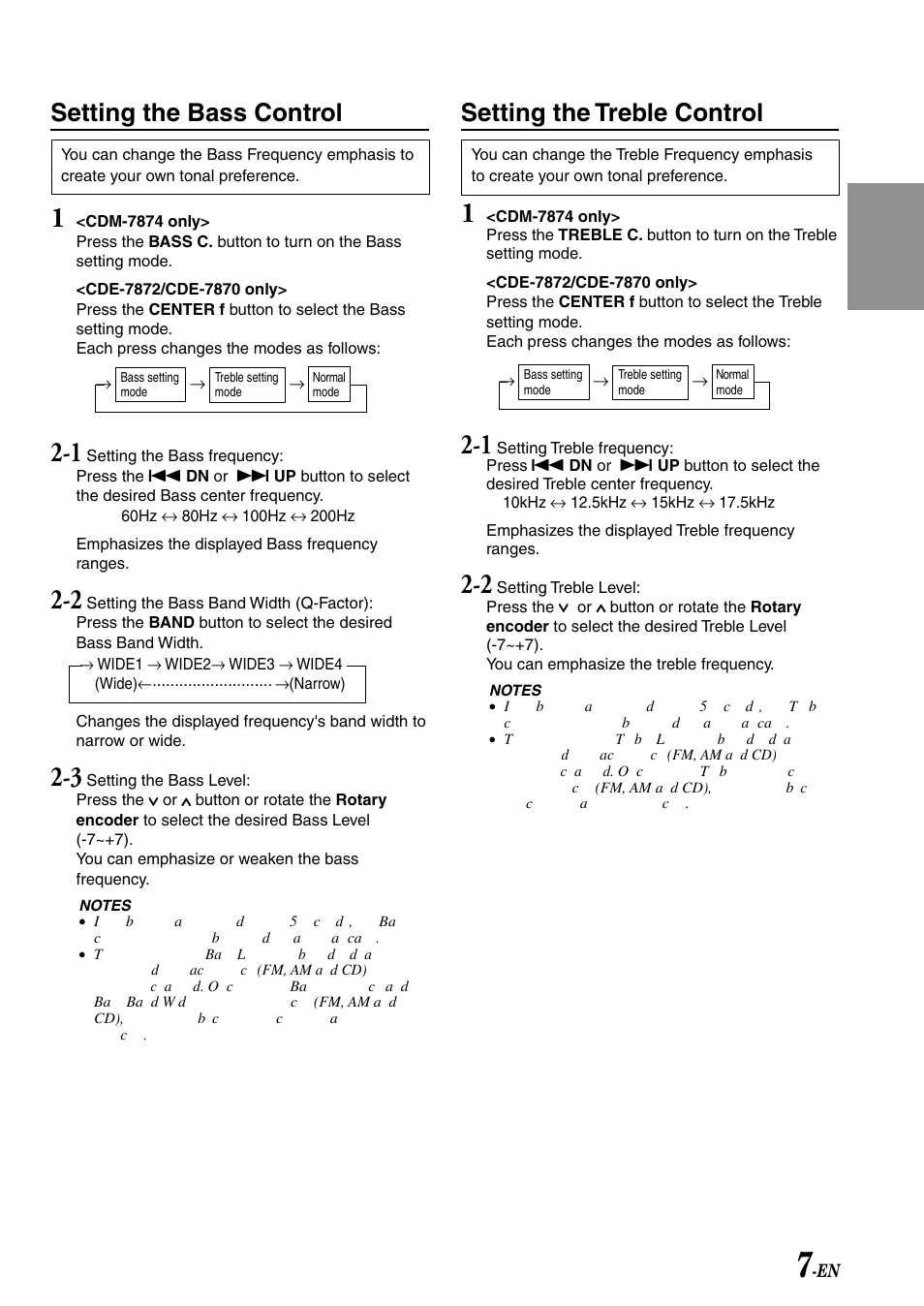 Setting the bass control, Setting the treble control | Alpine CDE-7870 User Manual | Page 9 / 26