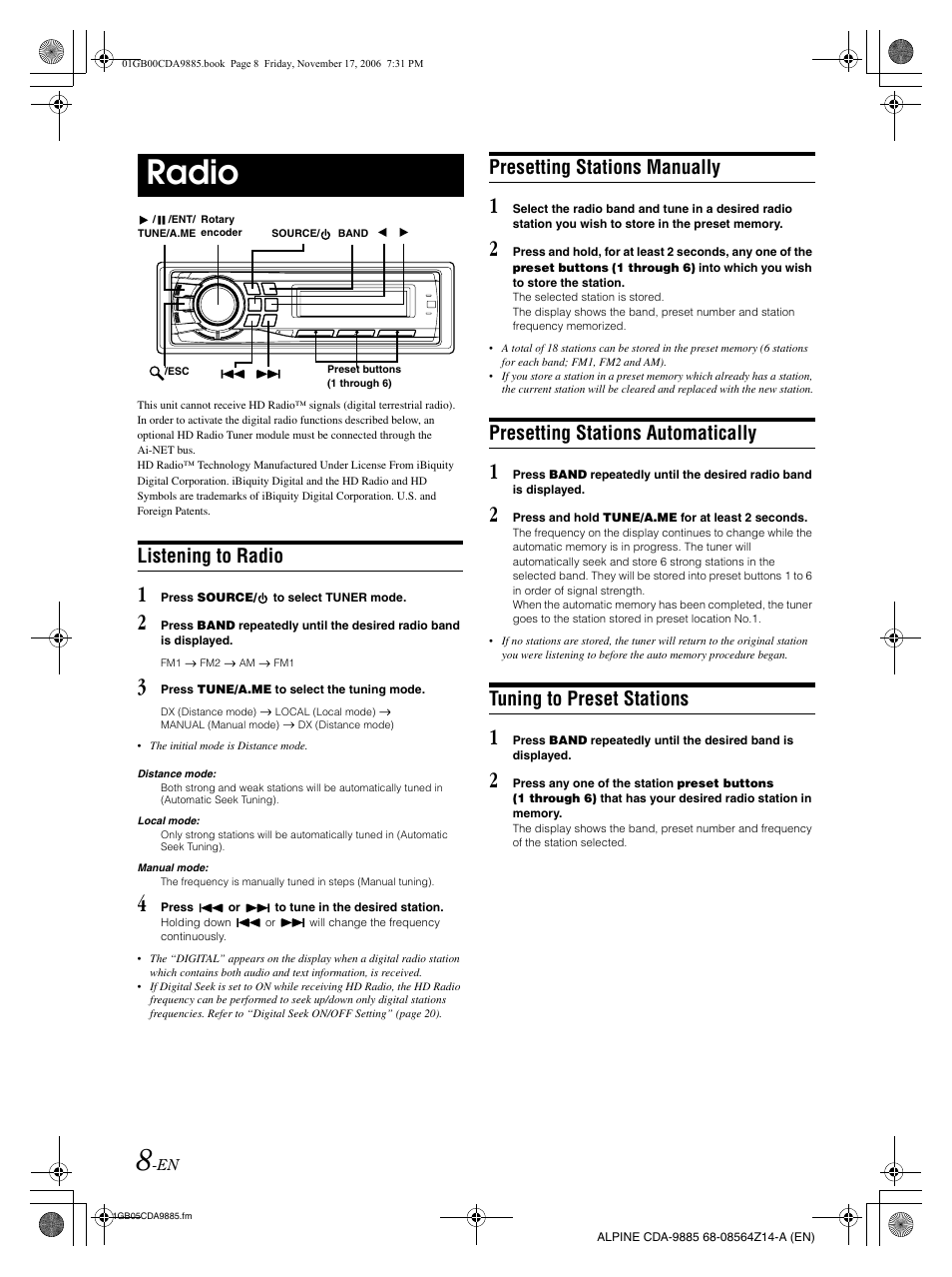 Radio, Listening to radio, Presetting stations manually | Presetting stations automatically, Tuning to preset stations | Alpine CDA-9885 User Manual | Page 10 / 41