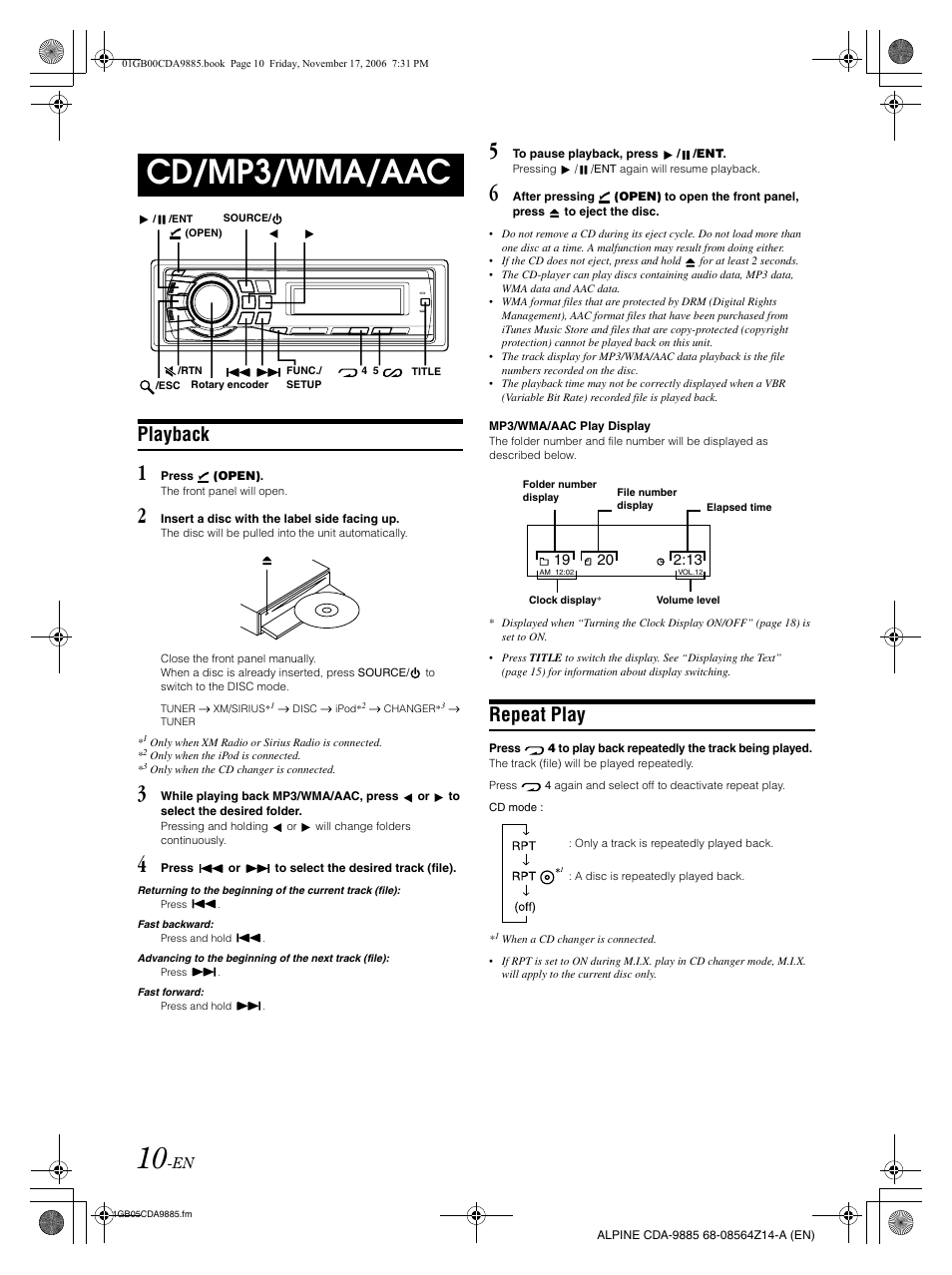 Cd/mp3/wma/aac, Playback, Repeat play | Alpine CDA-9885 User Manual | Page 12 / 41