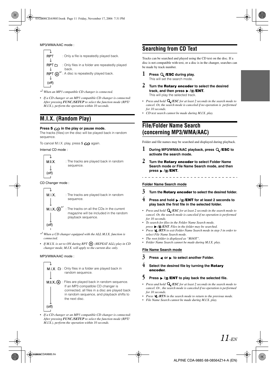 M.i.x. (random play), Searching from cd text, File/folder name search (concerning mp3/wma/aac) | Alpine CDA-9885 User Manual | Page 13 / 41