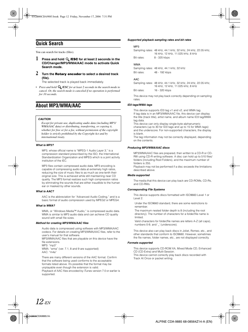 Quick search, About mp3/wma/aac | Alpine CDA-9885 User Manual | Page 14 / 41