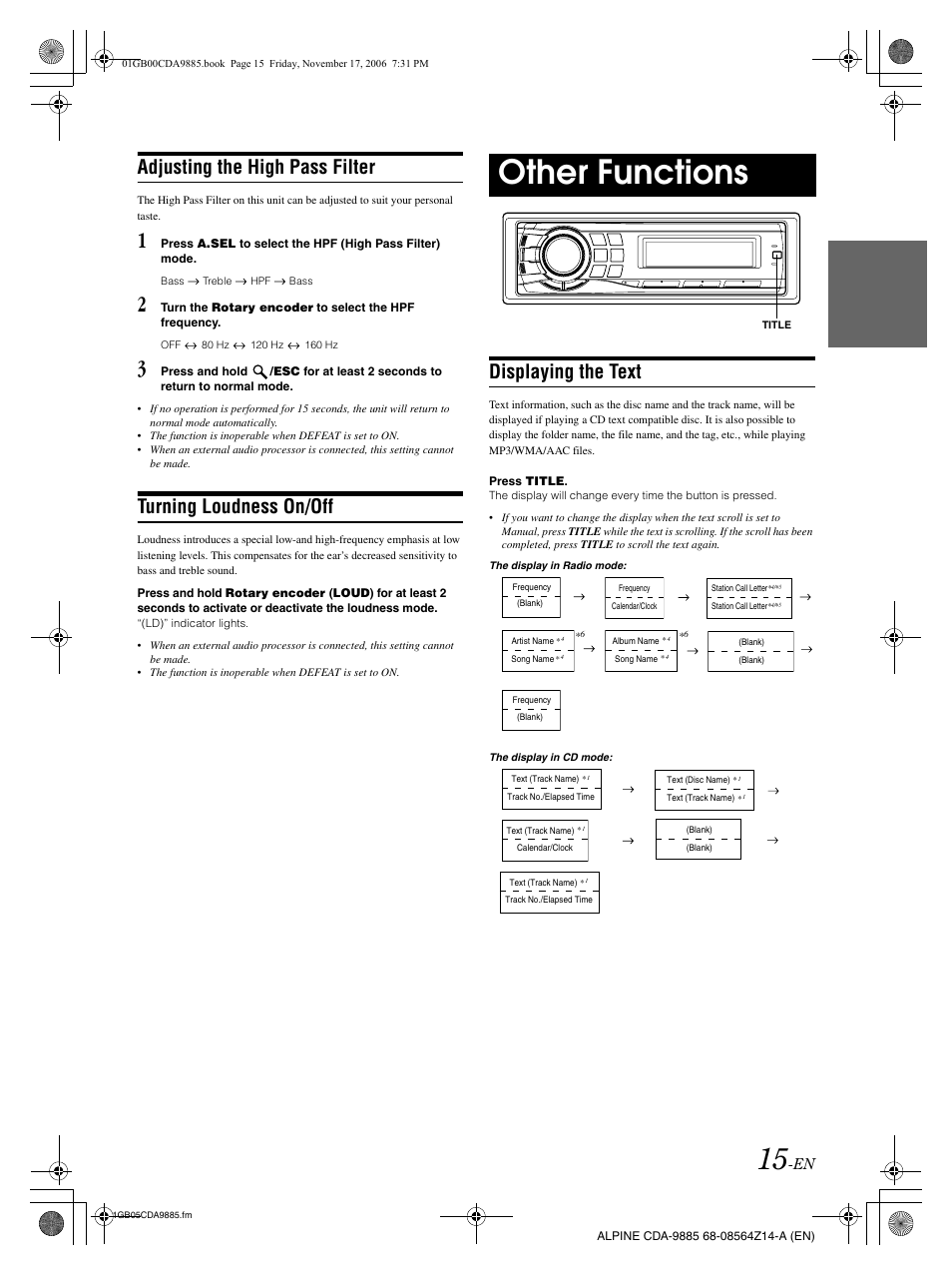 Other functions, Adjusting the high pass filter, Turning loudness on/off | Displaying the text | Alpine CDA-9885 User Manual | Page 17 / 41