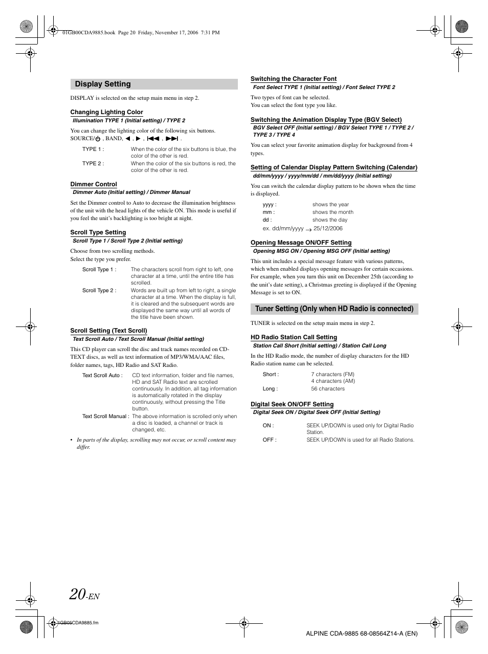 Display setting, Tuner setting (only when hd radio is connected) | Alpine CDA-9885 User Manual | Page 22 / 41