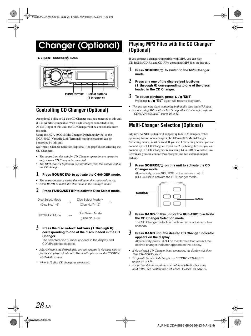 Changer (optional), Controlling cd changer (optional), Playing mp3 files with the cd changer (optional) | Multi-changer selection (optional) | Alpine CDA-9885 User Manual | Page 30 / 41