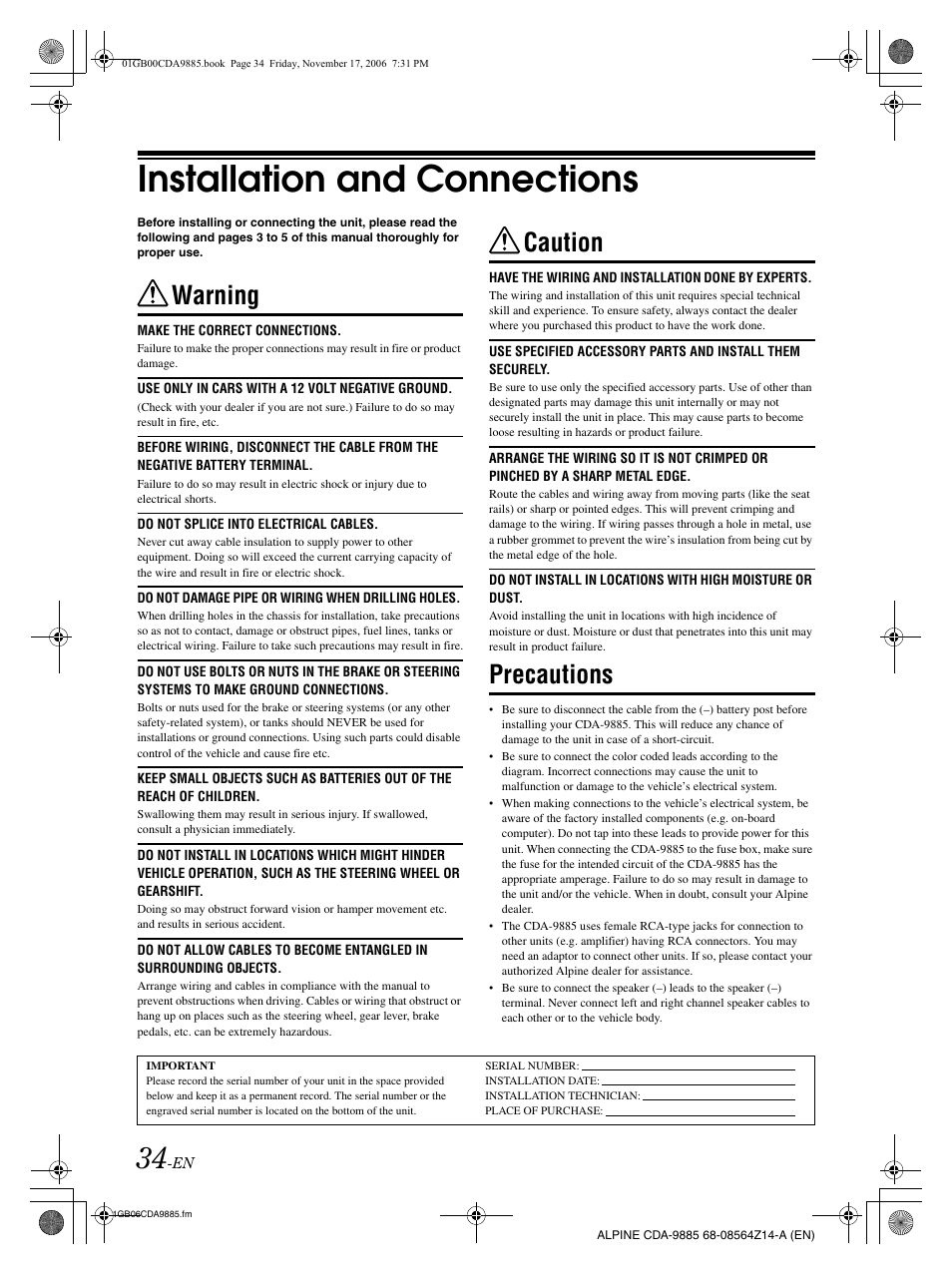 Installation and connections, Warning, Caution | Precautions | Alpine CDA-9885 User Manual | Page 36 / 41