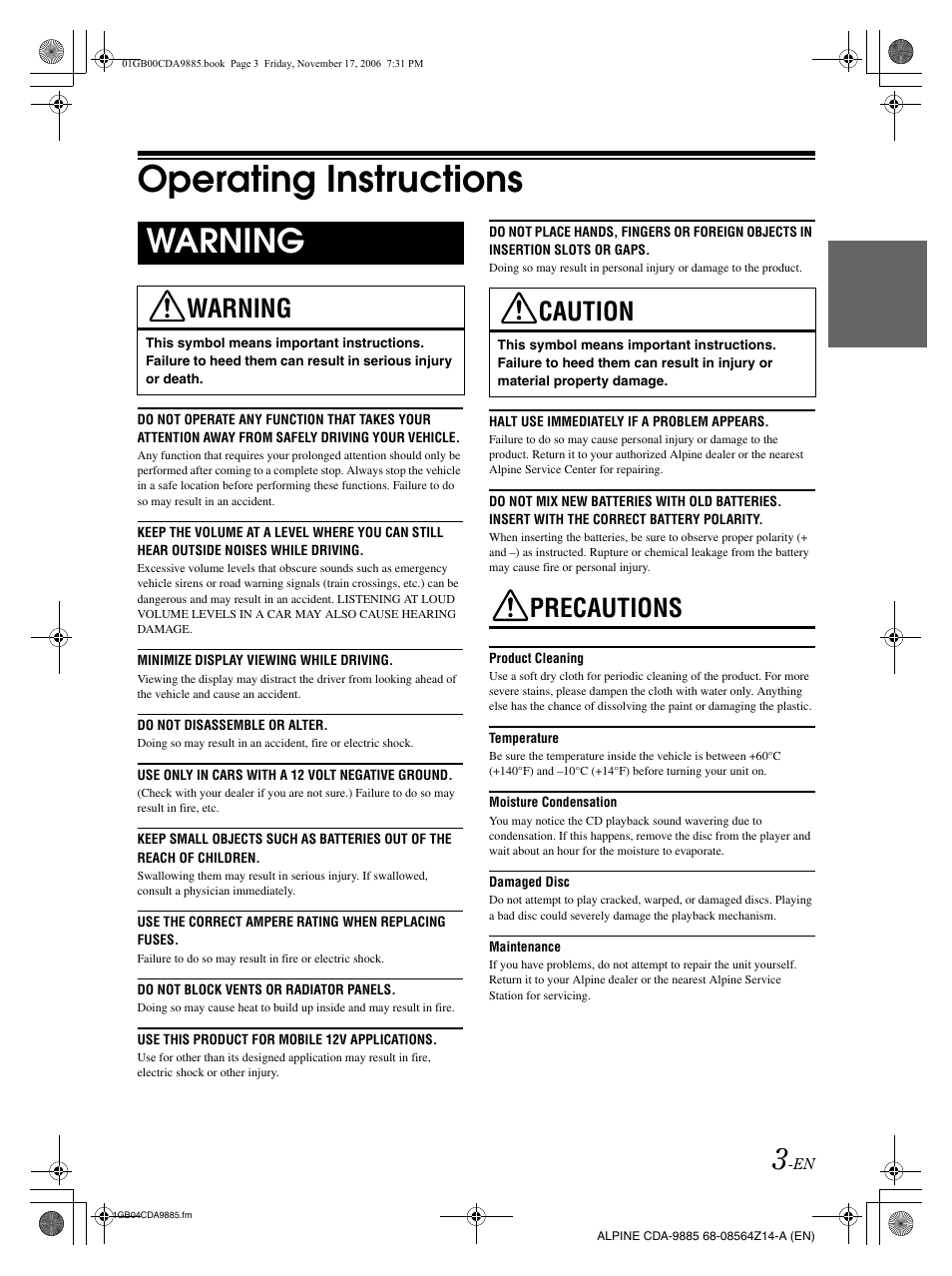 Operating instructions, Warning, Precautions | Caution | Alpine CDA-9885 User Manual | Page 5 / 41