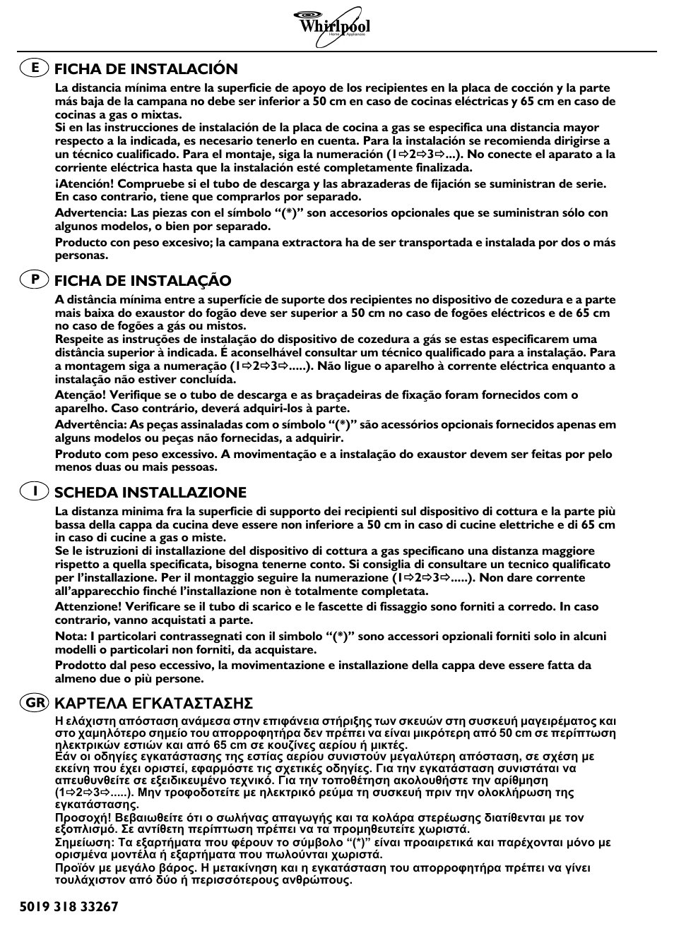 Ficha de instalación, Ficha de instalação, Scheda installazione | Καρτελα εγκαταστασησ | Whirlpool AKR 994 IX User Manual | Page 2 / 8