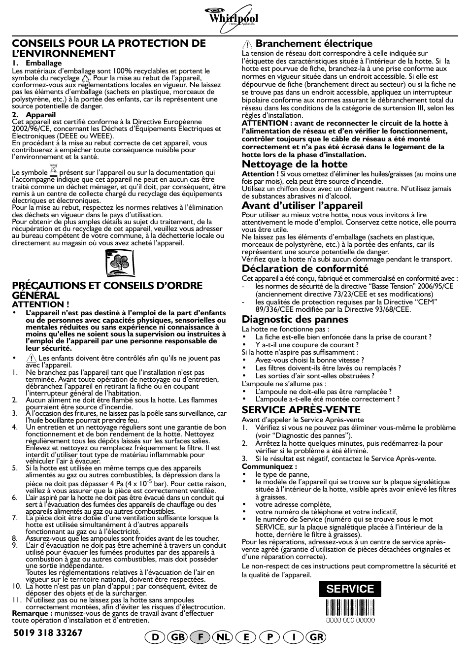 Conseils pour la protection de l’environnement, Précautions et conseils d’ordre général, Branchement électrique | Nettoyage de la hotte, Avant d’utiliser l’appareil, Déclaration de conformité, Diagnostic des pannes, Service après-vente | Whirlpool AKR 994 IX User Manual | Page 8 / 8