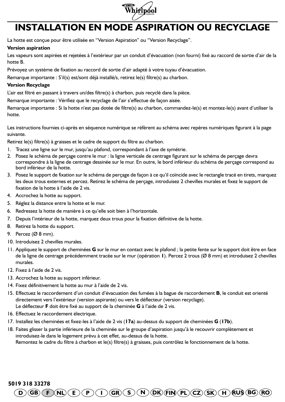 Installation en mode aspiration ou recyclage | Whirlpool AKR 799 IX User Manual | Page 10 / 12