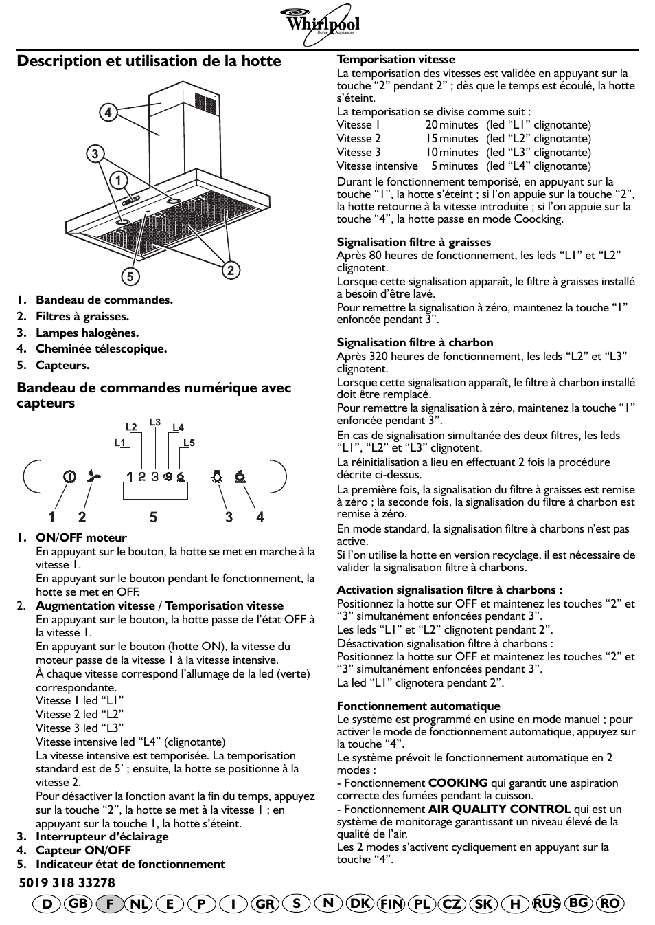 Description et utilisation de la hotte, Bandeau de commandes numérique avec capteurs | Whirlpool AKR 799 IX User Manual | Page 11 / 12