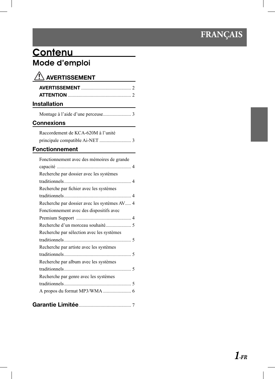 Contenu, Français, Mode d’emploi | Alpine KCA-620M User Manual | Page 11 / 44