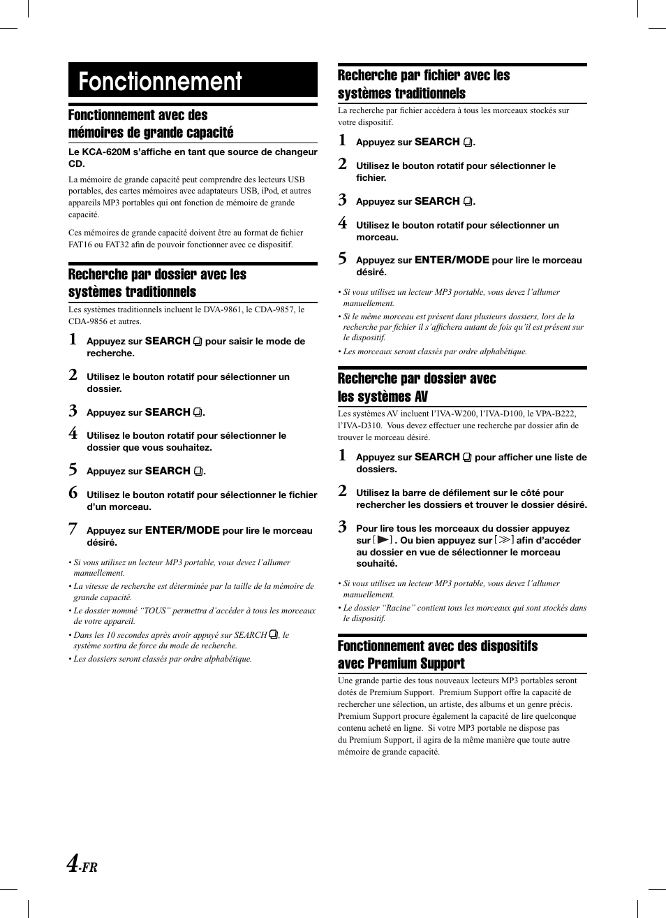 Fonctionnement, Recherche par dossier avec les systèmes av | Alpine KCA-620M User Manual | Page 14 / 44