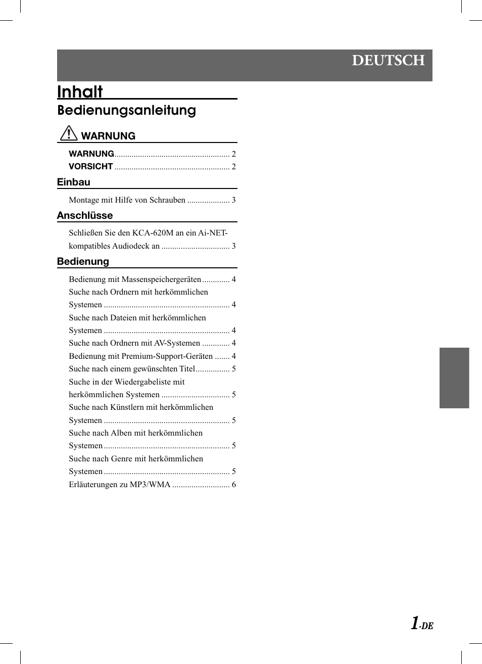 Inhalt, Deutsch, Bedienungsanleitung | Alpine KCA-620M User Manual | Page 25 / 44