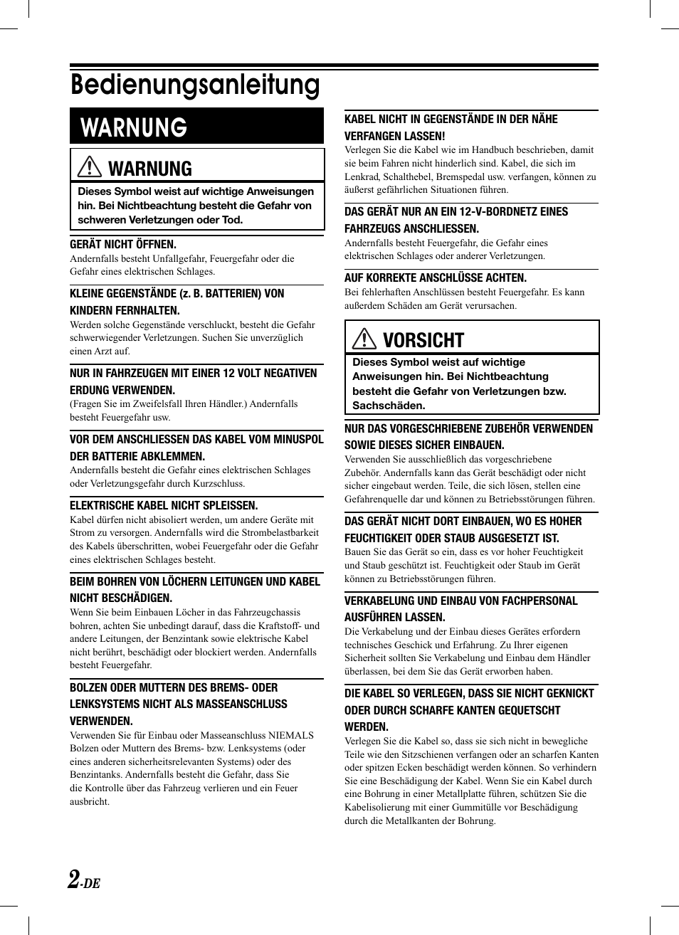 Bedienungsanleitung, Warnung, Vorsicht | Alpine KCA-620M User Manual | Page 26 / 44