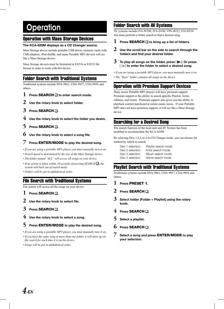 Operation, Operation with mass storage devices, Folder search with traditional systems | File search with traditional systems, Folder search with av systems, Operation with premium support devices, Searching for a desired song, Playlist search with traditional systems | Alpine KCA-620M User Manual | Page 6 / 44