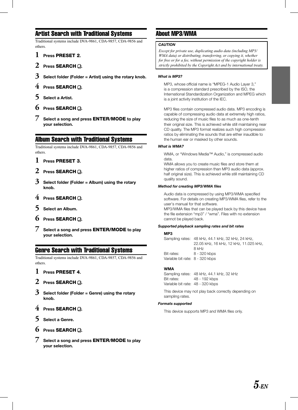 Artist search with traditional systems, Album search with traditional systems, Genre search with traditional systems | About mp3/wma | Alpine KCA-620M User Manual | Page 7 / 44