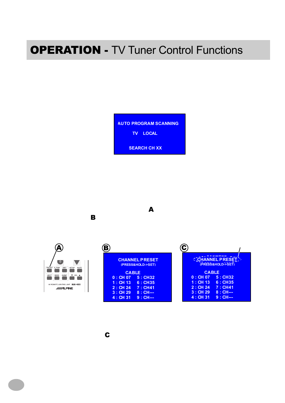Operation - tv tuner control functions, Ab c | Alpine TCS-V430A User Manual | Page 12 / 21