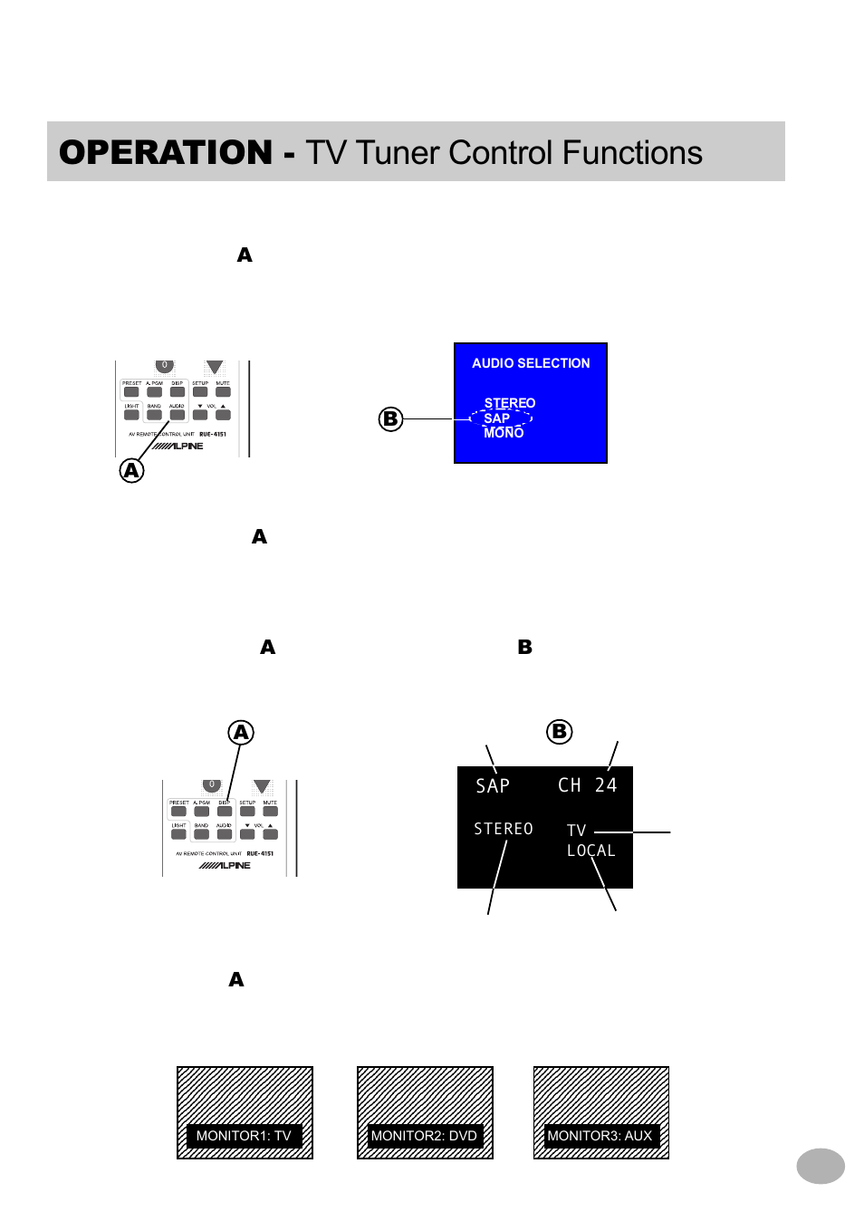 Operation - tv tuner control functions, Sap ch 24, Ab a | Monitor 1 monitor 2 monitor 3, Band | Alpine TCS-V430A User Manual | Page 13 / 21